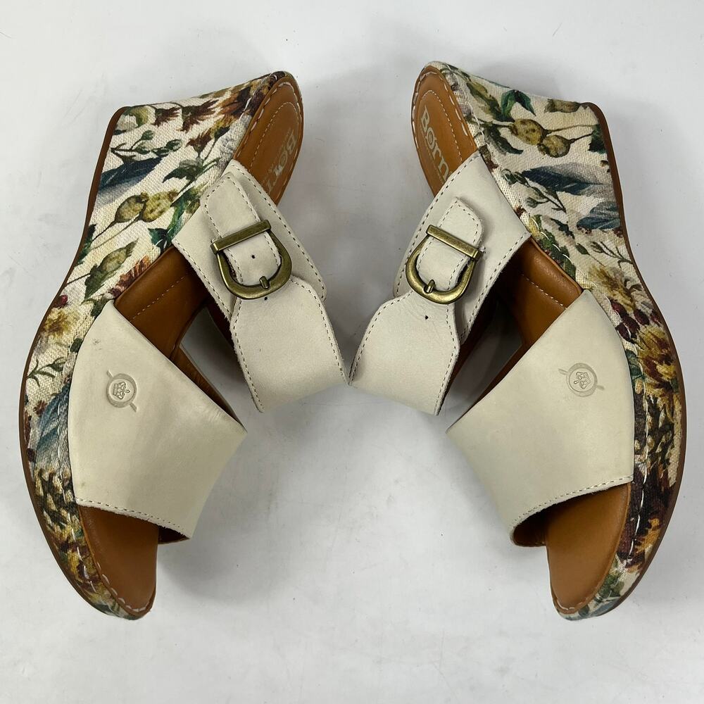 Born Womens 9M Floral Print Spring Canvas Wedge Sandals Leather 3.5″ Buckle - Picture 5 of 16